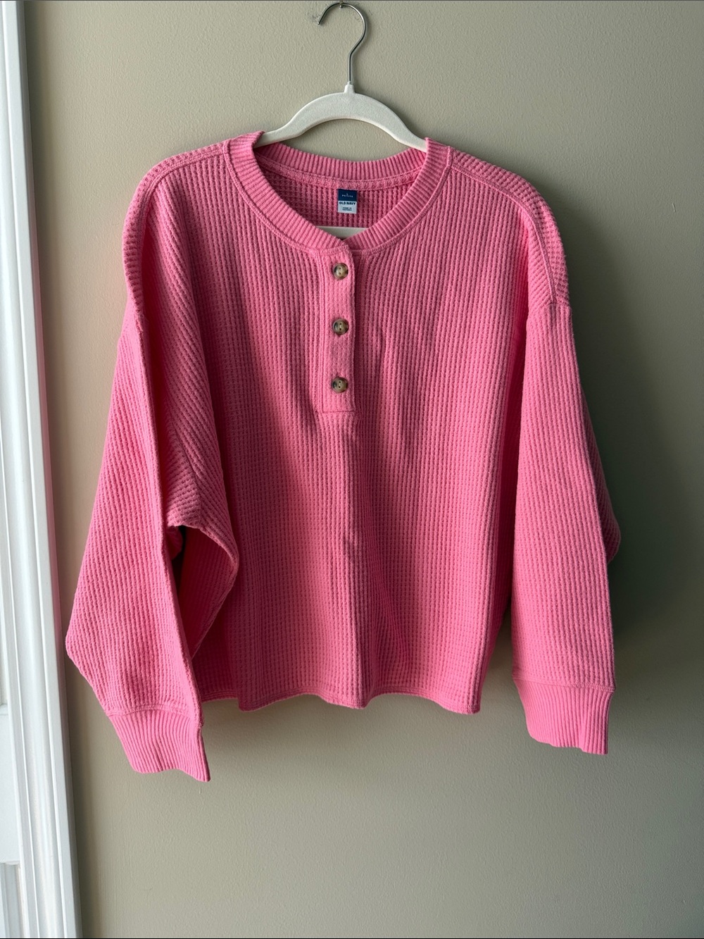Old Navy Pink Waffle-Knit Henley Petite Sweater